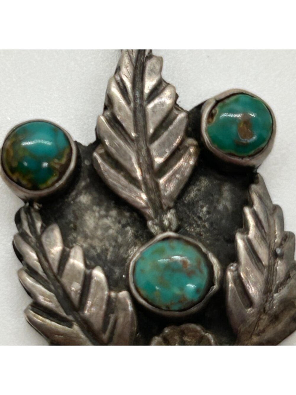 Vintage Alpaca Silver Turquoise Pendant Leaf Flower Tribal Boho Southwestern - Picture 9 of 10